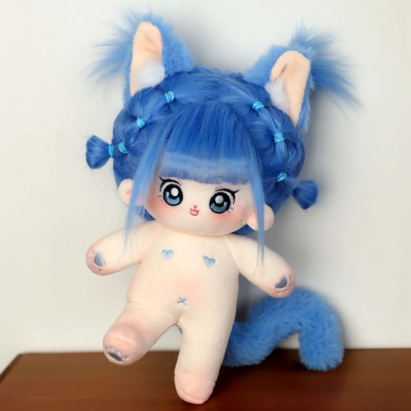 20cm Kawaii Plush Cotton Doll Idol Stuffed Super Star Figure Toys Cute Blue Cat Fat Body Girl Doll Can Change Clothes Kids Gifts