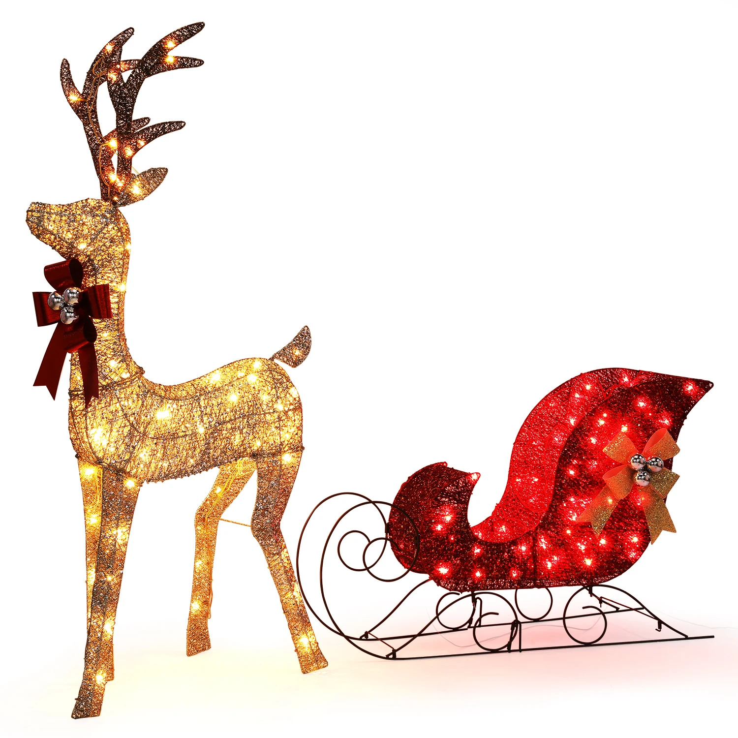 2-Piece Large Lighted Christmas Reindeer & Sleigh Pre-lit for Indoor Outdoor Front Yard Porch Holiday Decoration Deer Set