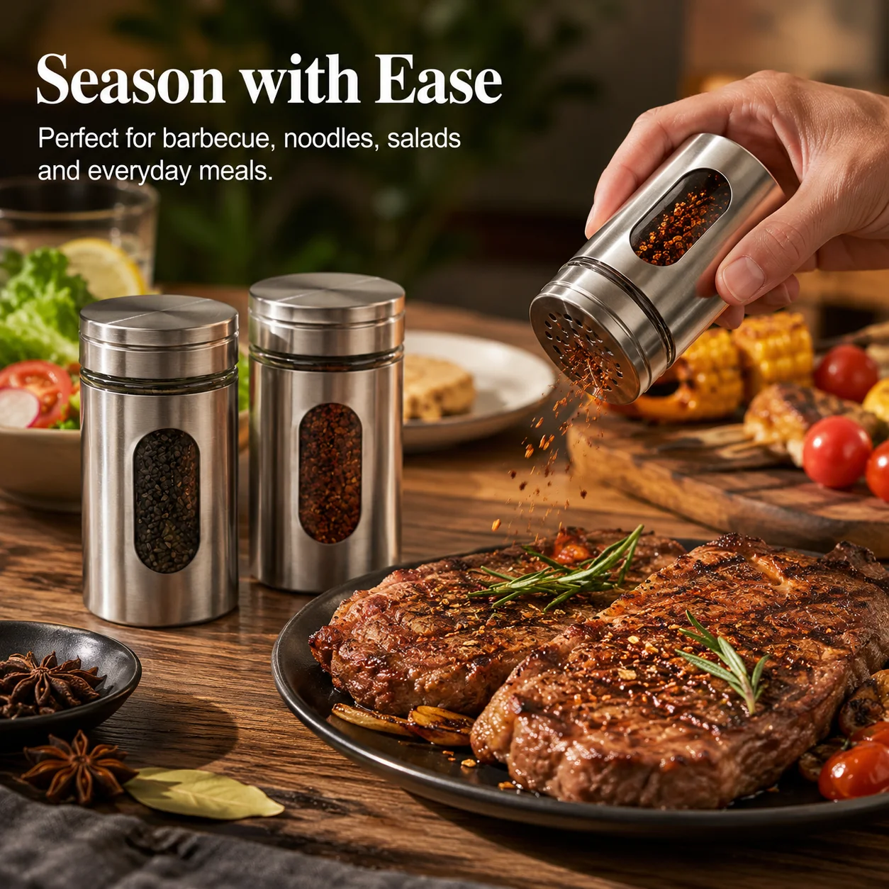 Stainless Steel Rotating Spice Shaker Set, 3-in-1 Seasoning Cans with Stand for Camping BBQ Kitchen