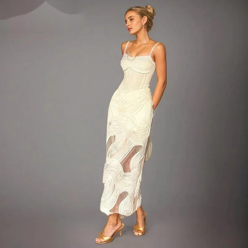 Fashion White Texture Spaghetti Strap Dress Women's Slim Patchwork Mesh Ankle-length Dresses Summer New 7A0EAD