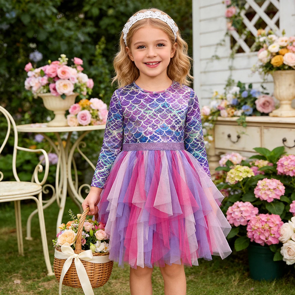 DXTON Autumn Princess Dress Mermaid Children Birthday Party Girls Dress Irregular Layered Prom Kids Long Sleeve Costumes 3-8Y