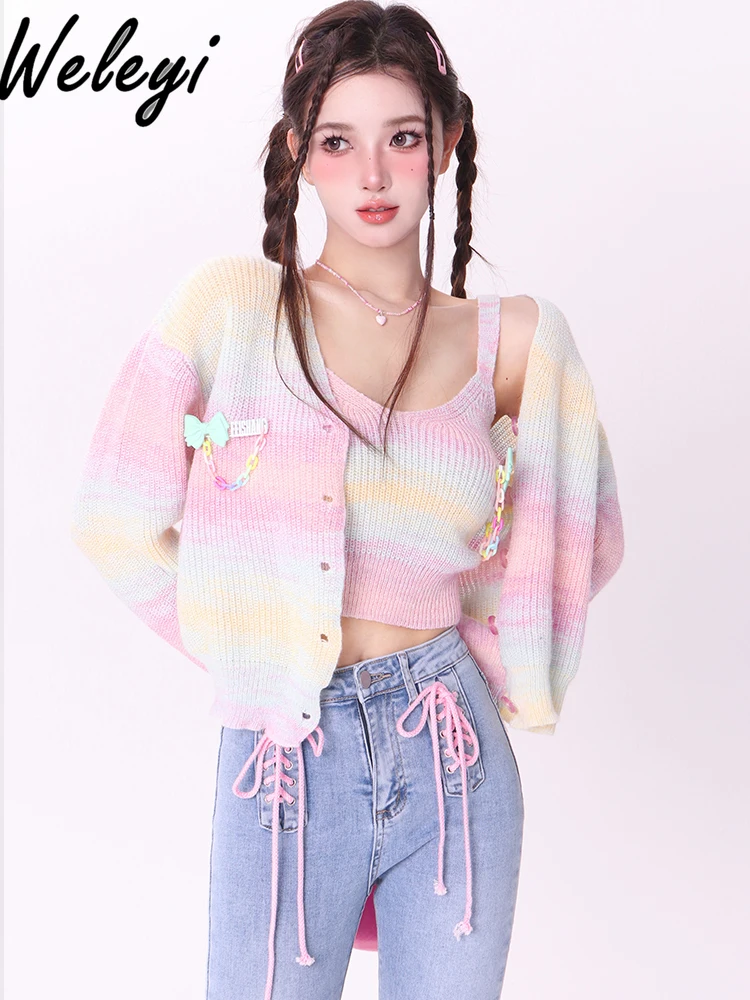 

Sweet Fresh Knitted Cardigan Sling Two Piece Ropa De Mujer 2024 Spring Streetwear New Short Small Rainbow Gradient Loose Blusas