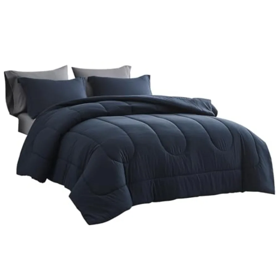 Comforter Set 7 Pieces Bed in a Bag Bedding Set Two-tone Design, Down Alternative Comforter Set with Sheets, Pillowcases and Sh