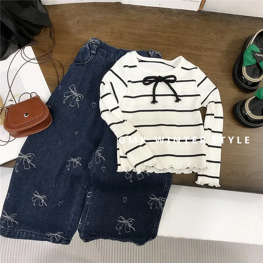 

Spring Children Girl 2PCS Clothes Set Cotton Striped Soft Long Sleeve Top Loose Knotbow Print Denim Pant Infant Baby Girl Outfit