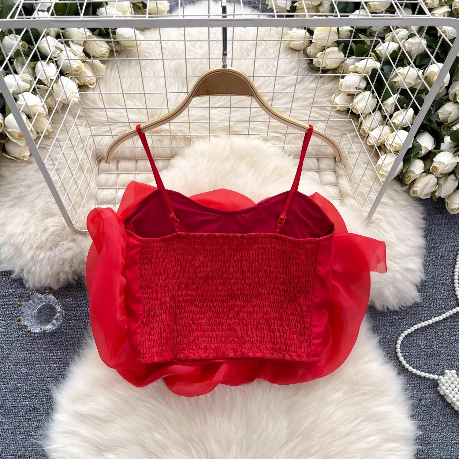 Sweet Big Organza Flower Camisole Girls Stretchy Back Slim Above Navel Camis Crop Top Fashion Summer Clothing