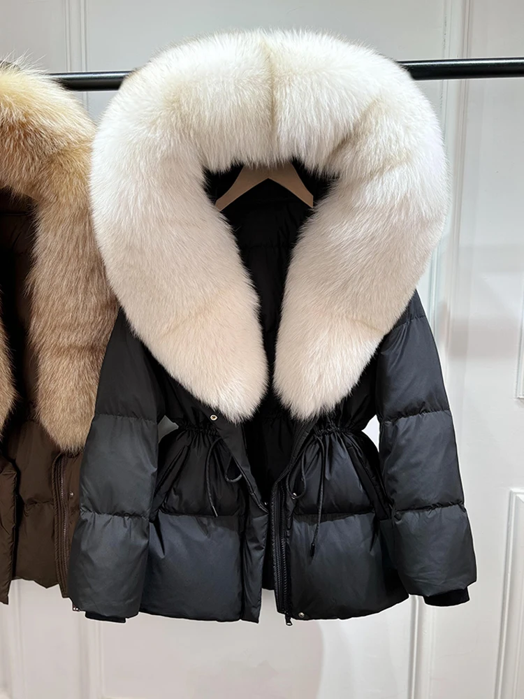 2026 New Winter Real Natural Fox Fur Collar Thick Wam Puffer Jacket Women Hooded Belt Slim White Duck Down Coat Waterproof Parka