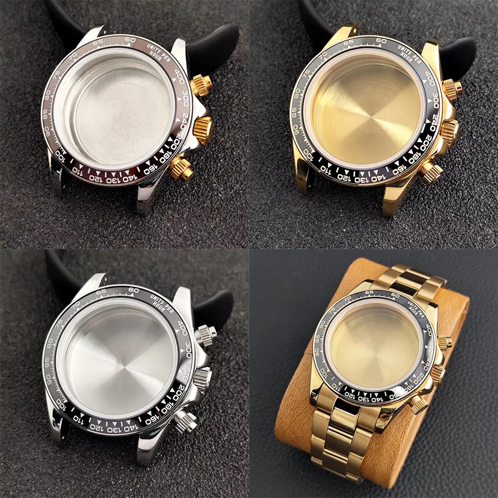 Edelstahl-Uhrengehäuse, 39,4 mm, silbrig/schwarzer Stil mit Saphirglas, passend für VK63A VK64 Uhrwerk, 20 mm Armband, Uhrenbox