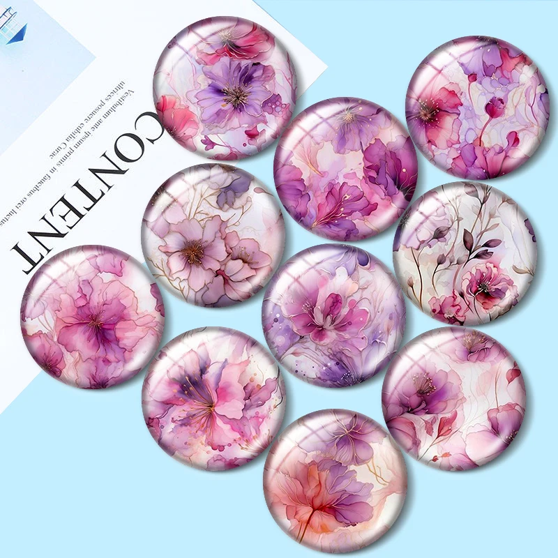 Watercolor illustration of flowers mix 10pcs12mm/16mm/18mm/25mm Round Photo Glass Cabochon Demo Flat Back Making findings