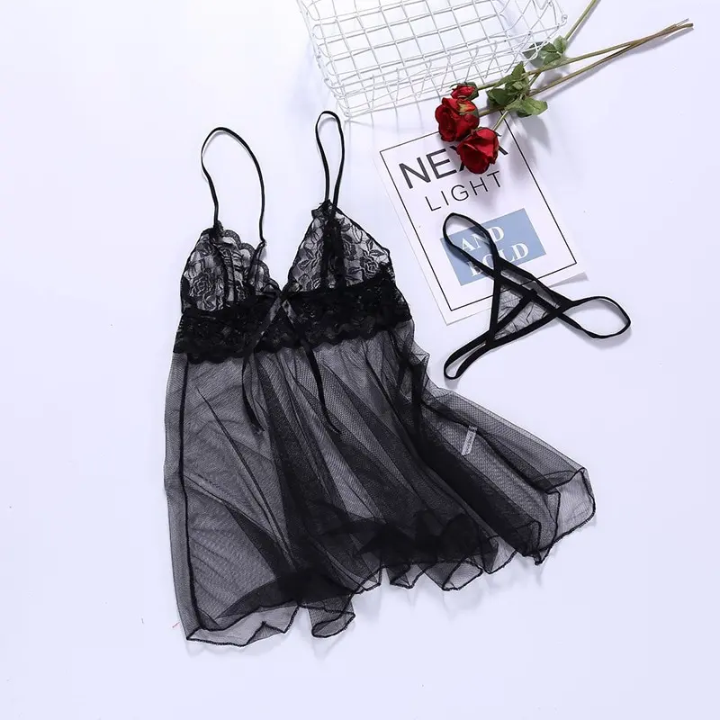 European and American Lingerie Lace Hem Mesh Irregular See-through Front Slit Suspender Nightdress Suit