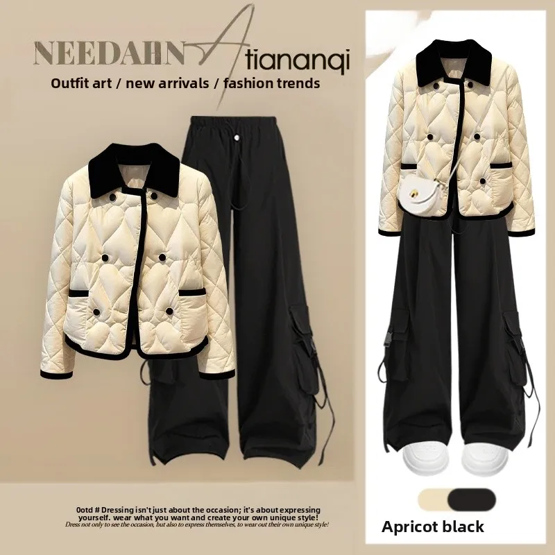 

Fall Faion Design Cotton Jaet Quilted Slimming Outerwear with Lazy Sle Wide Leg Pants Two Piece Set Anti-Aging