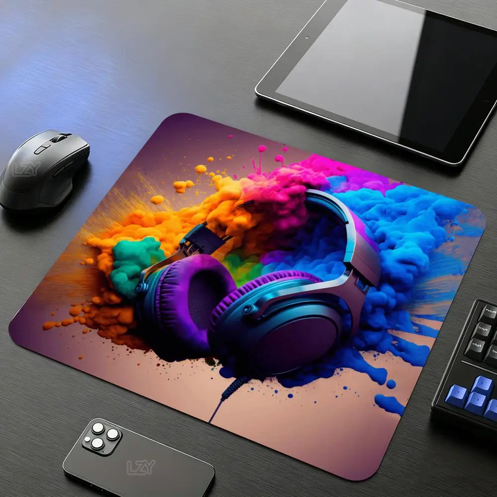 Paint Splatter Headphones Square Mousepad Small Home Desk Protector Mat Washable Desktop Mouse Pad Anti-slip Rubber Table Mats