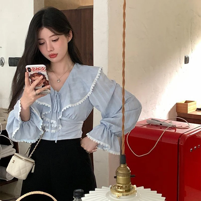 Blue Bandage Women Shirts Korean Sweet Lace Patchwork Flare Sleeve Female Blouse Autumn New V Neck Slim Ladies Casual Crop Tops