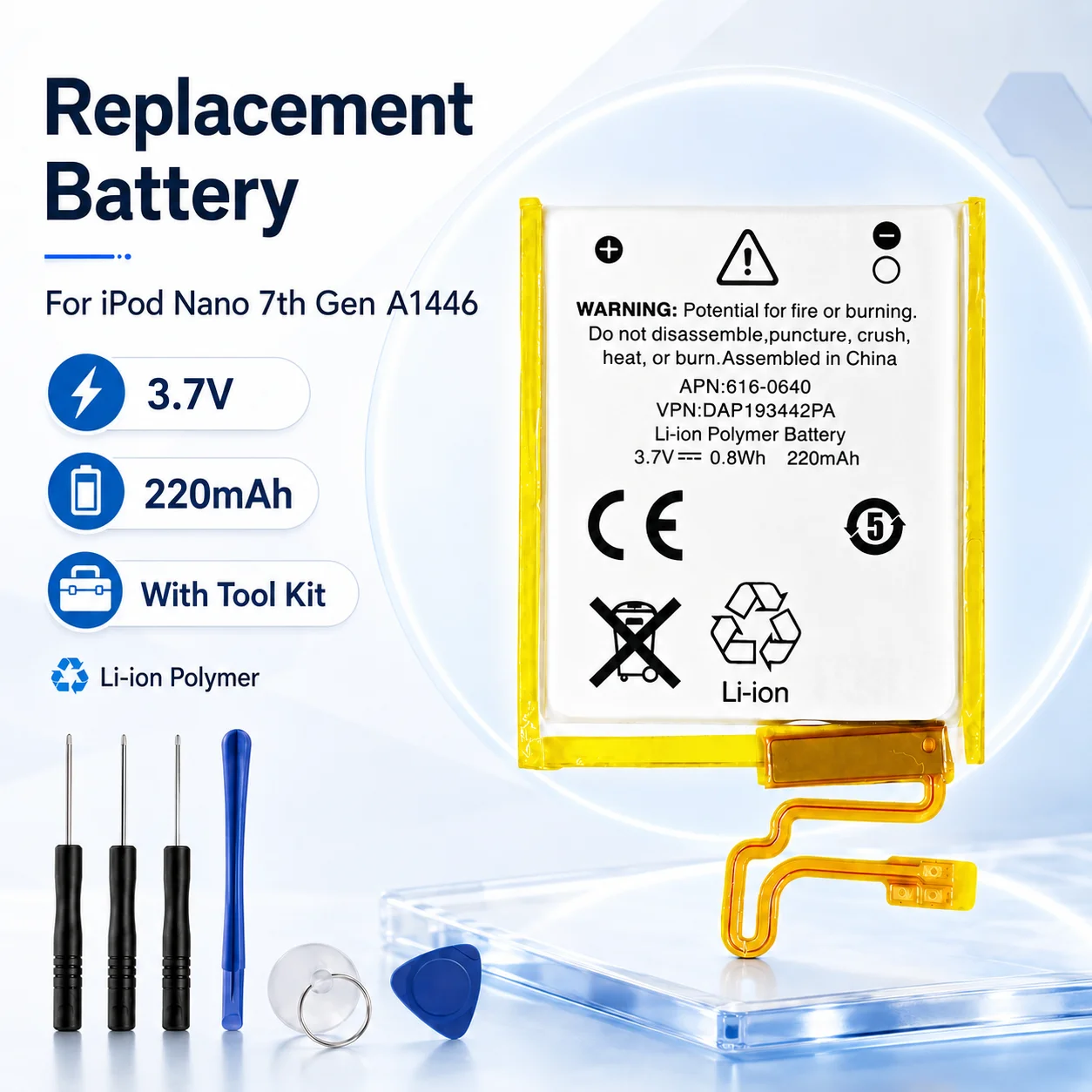 220mAh 3.7V Rechargeable Li-Polymer Battery for iPod Nano 7th Gen A1446 MP3 Player Internal Replacement Cell Repair Kit