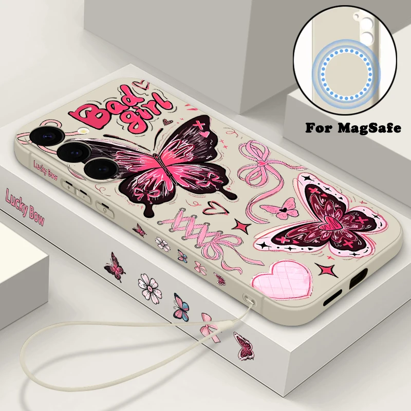 Rosa Schmetterling Muster Magnetische Hülle für Samsung Galaxy S25 S24 FE S24 S23 S22 Ultra Plus für Magsafe Wireless Charge Soft Cover