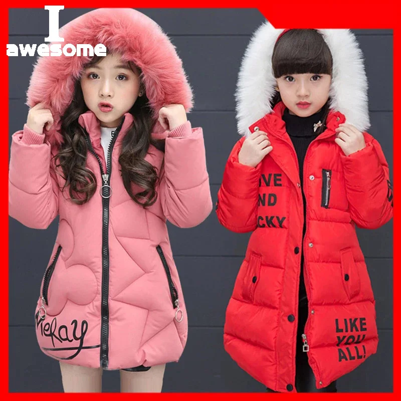 3-12T Girls\' Coat Big Fur Collar Hooded Jacket Winter Thick Warm Cotton Coat Mid-length Down Jacket Girls Quilted Jacket