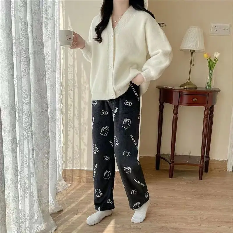جديد الفانيلا النوم السراويل لخريف وشتاء سميكة والفانيلا الدافئة وغير رسمية الكرتون المنزل النوم السراويل كيتي القط