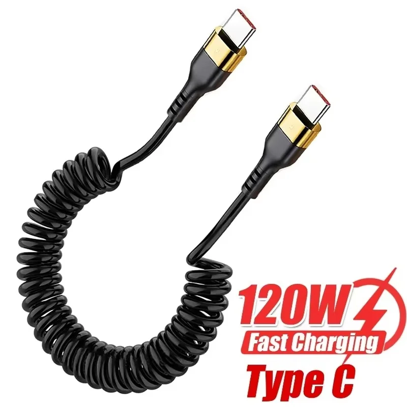 

PD 120W Type C To Type C Cable 5A Fast Charge USB C Spring Car Charger Cable For iPhone 16 15 Series Xiaomi Samsung S23 Macbook