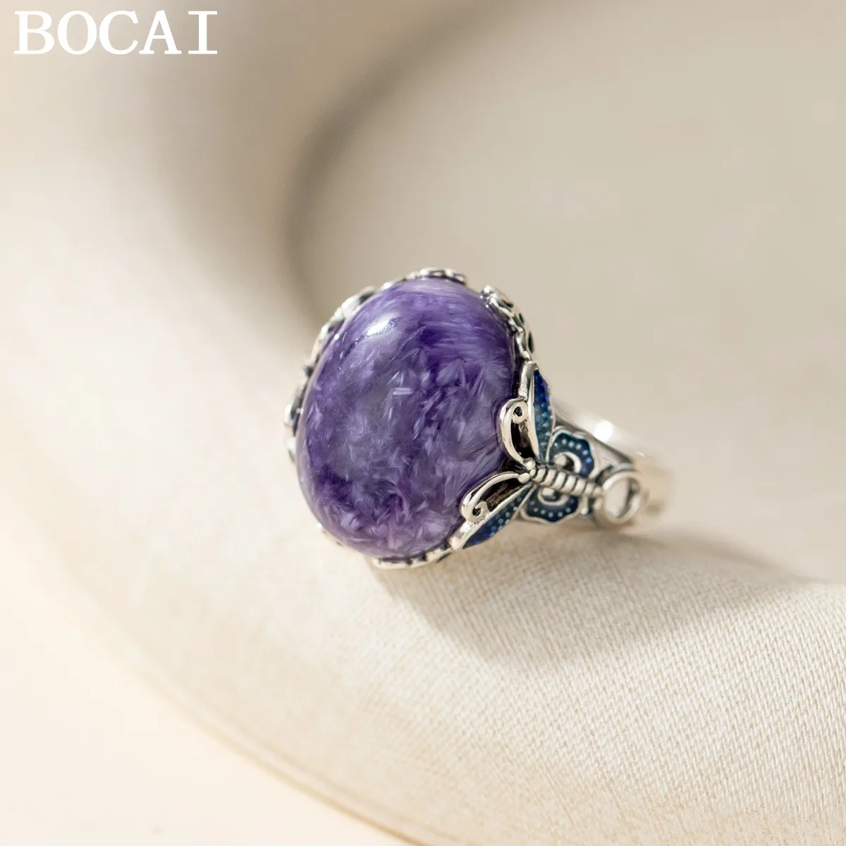 

BOCAI S925 Pure Silver Exquisite Simplicity Niche Design Oval Purple Dragon Stone Butterfly Ring Beeswax Ring