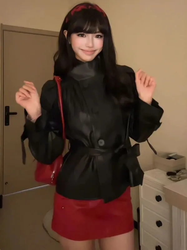 レトロアメリカンファイオンブラレザージャケット女性用ウエストシェイプスタンドカラーコートエレガント冬用アウター