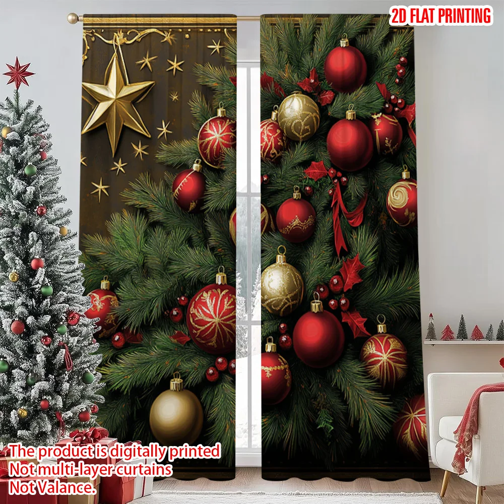 

2pcs 2D flat printing Christmas Curtain Christmas tree wind Versatile Durable Polyester Without Electricity Festive Holiday Use