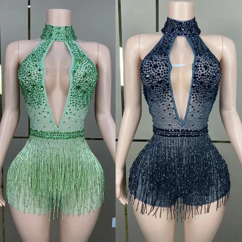 섹시한 홀터 폴댄스 의상 블랙 라인스톤 프린지 바디수트 여성 나이트클럽 DJ DS 무대 레이브 의상 XS7484