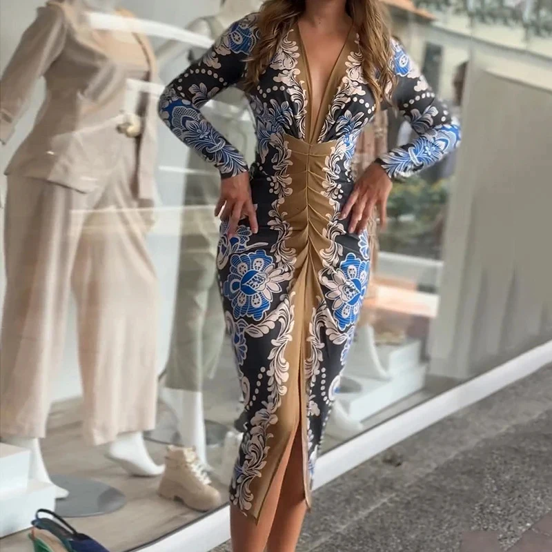 

Sexy Deep V-neck Long Sleeve Midi Dress Women Fashion Draped Split Skinny Bohe Party Dress Elegant Pattern Print Hip Wrap Dress