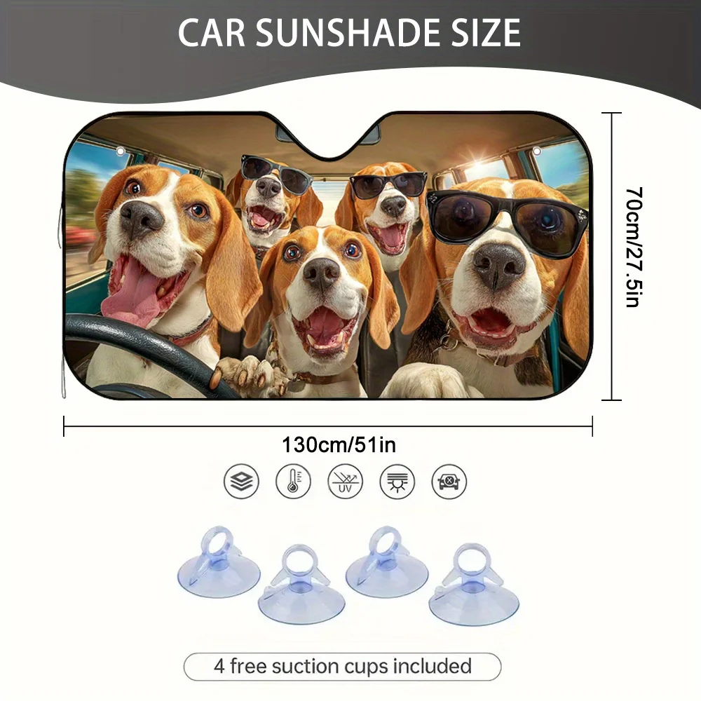 

1pc Funny Five Beagle Dogs In Car 2D Flat Printing Car Sun Shade - Fit Windshield Sunshade With Playful Beagle Design, UV Protec