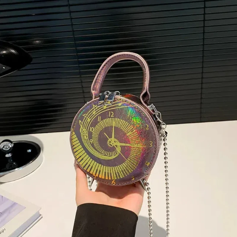 Bolsos con estampado de reloj para mujer, bolso de hombro bonito de dibujos animados a la moda, bolso redondo pequeño de fiesta con cadena de alta calidad de lujo para mujer 2024