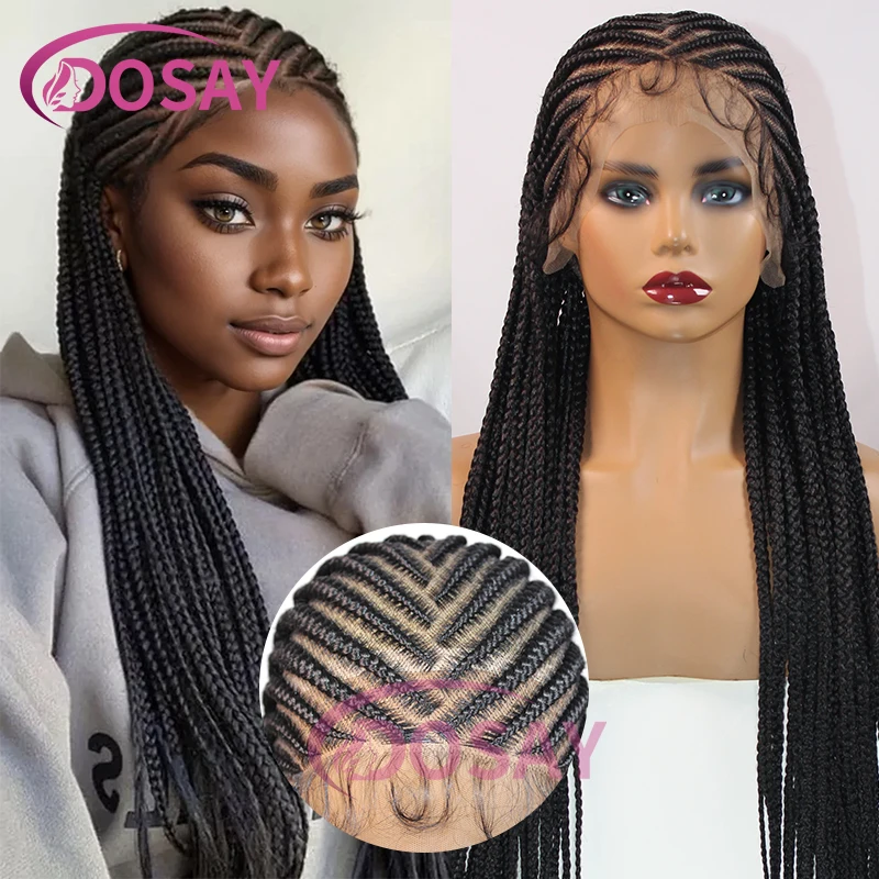 Full Lace 13×8 Synthetic Braid Wig Handmade Tribal Middle Parted Braids Goddess Wig Knotless 36 Inch Cornrow Plaits Braided Wig