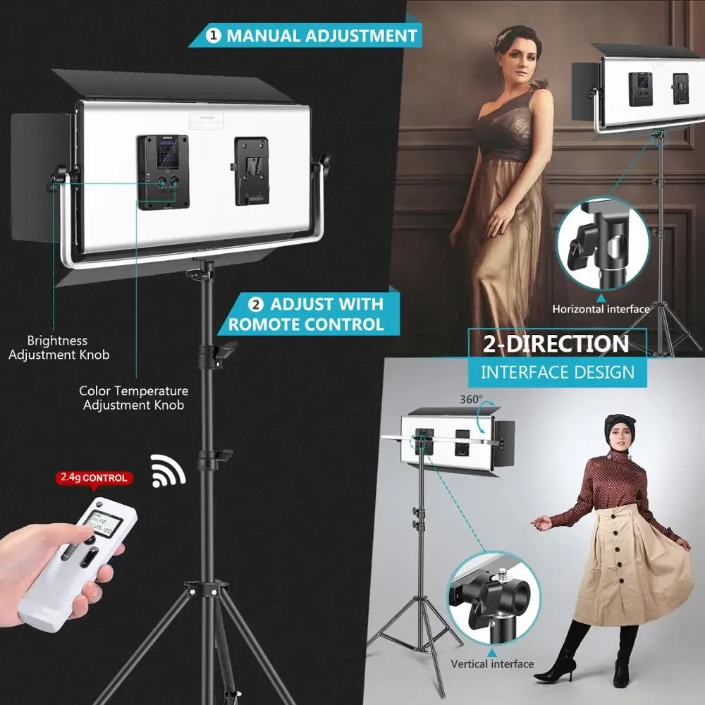 Gold Seller Neewer Advanced 2.4G 1904 LED Video Light, Dimmable Bi-Color LED Panel with LCD Screen, Barndoor and U-Bracket