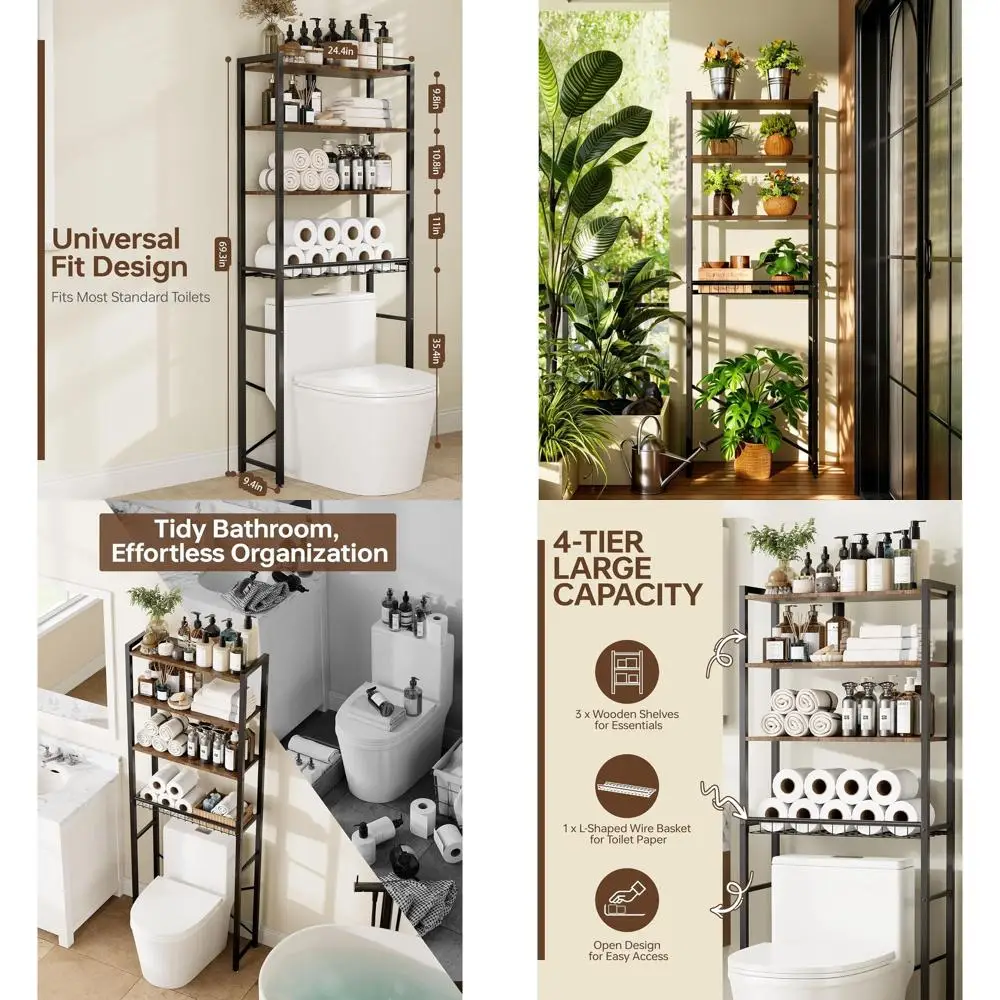 

4-ярусная деревянная полка для хранения над унитазом с регулируемыми ножками и защитой от опрокидывания, коричневая, 24,4 x 9,4 x 69,3 дюйма