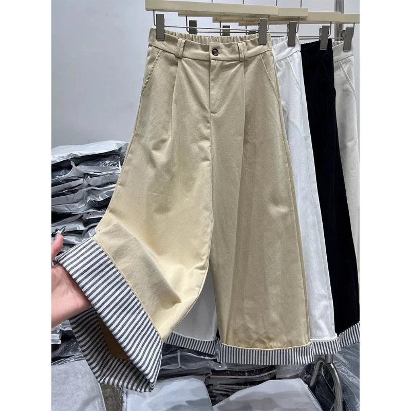 สไตล์เกาหลีลายเปิดขึ้นกุ๊นกางเกงขากว้างหลวมตรงกางเกงลําลองครอป