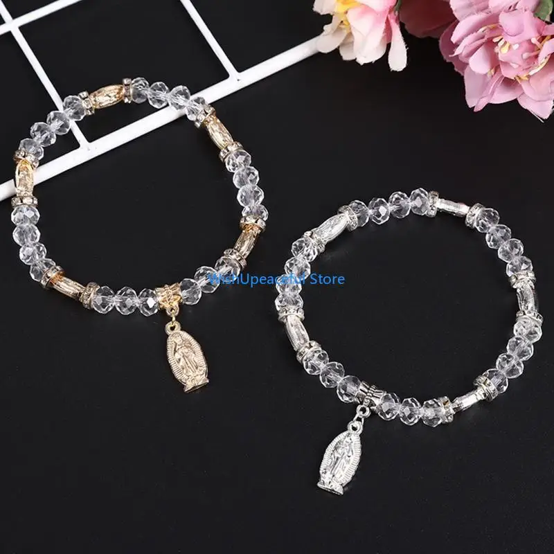 34YA Clear Crystal Glass Bead Rosary Bracelet Catholic Rosary Hand Dress Accessory for Baby Shower Wedding Boy and Girl Gift
