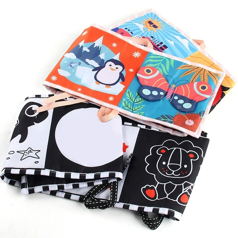 หนังสือผ้าสิงโตแมลงสีดำขาว ของเล่นเสริมพัฒนาการเด็กแรกเกิด ของเล่นแขวนขอบเตียงเด็ก ของเล่นเสริมพัฒนาการเด็กเล็ก อายุ 0-12 เดือน