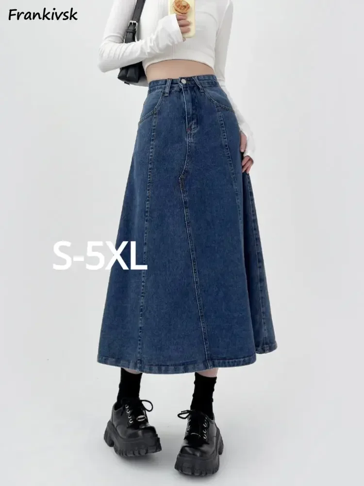 

Long Skirts Women Vintage Denim High Waist Loose All-match Simple Solid Color Autumn Summer Korean Holiday College Faldas Midi