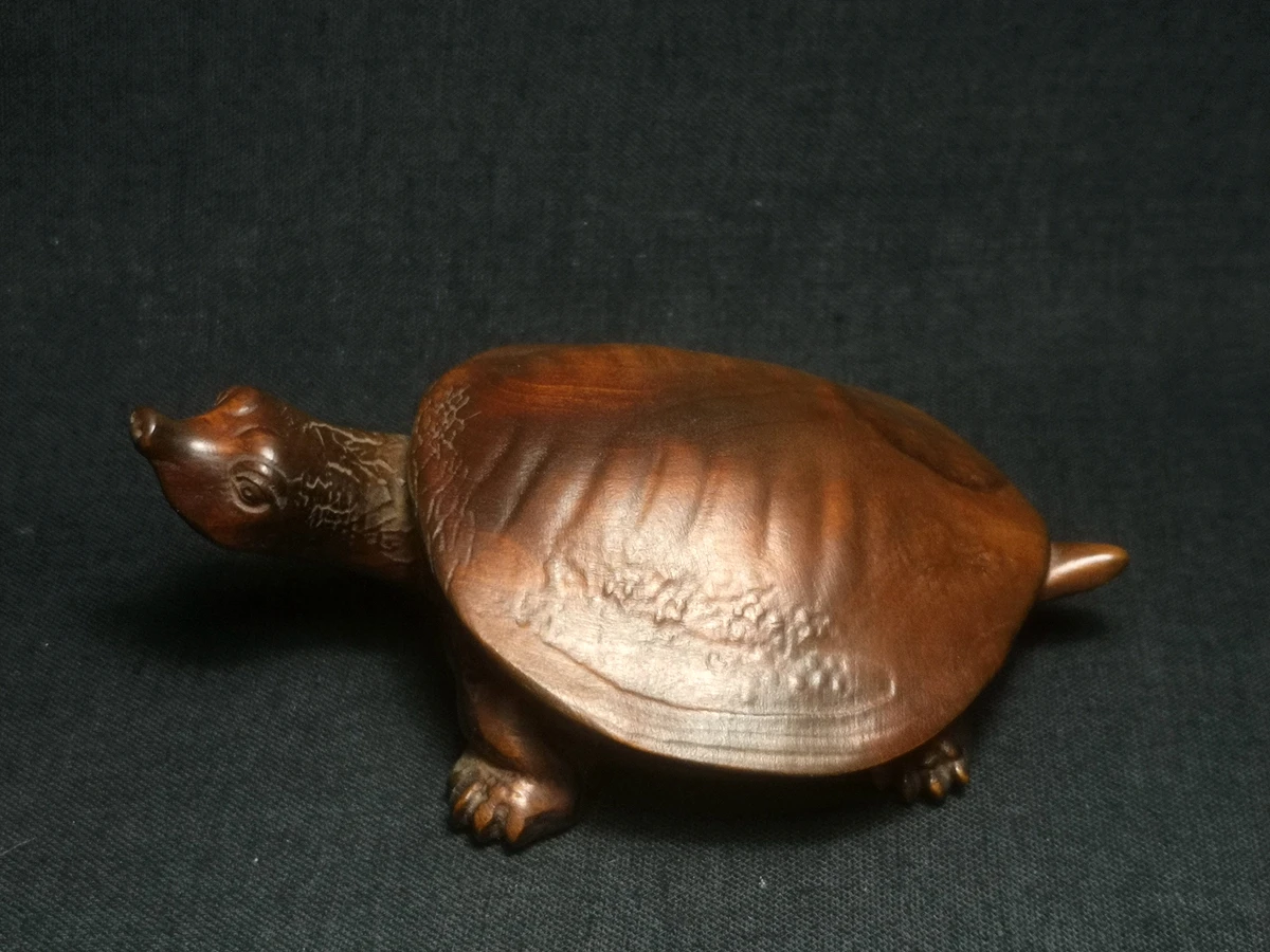 Chinese Boxwood Hand Carved Trionyx sinensis soft-shelled turtle netsuke Statue old Decoration Collection gift