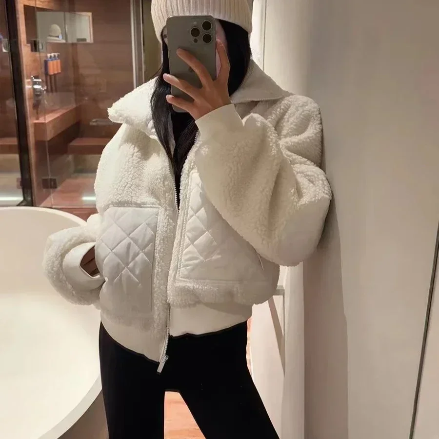 Winter New Women Warm Coat Design Patchwork Diamond Pocket Thickened Jacket Solid Color All-match Casual Collar Zipper Jacket