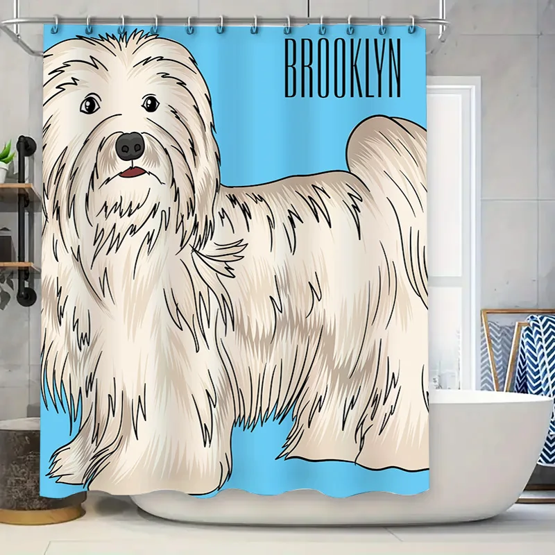 

Adorable Brooklyn Dog Shower Curtain featuring fluffy white poodle perfect for pet lovers