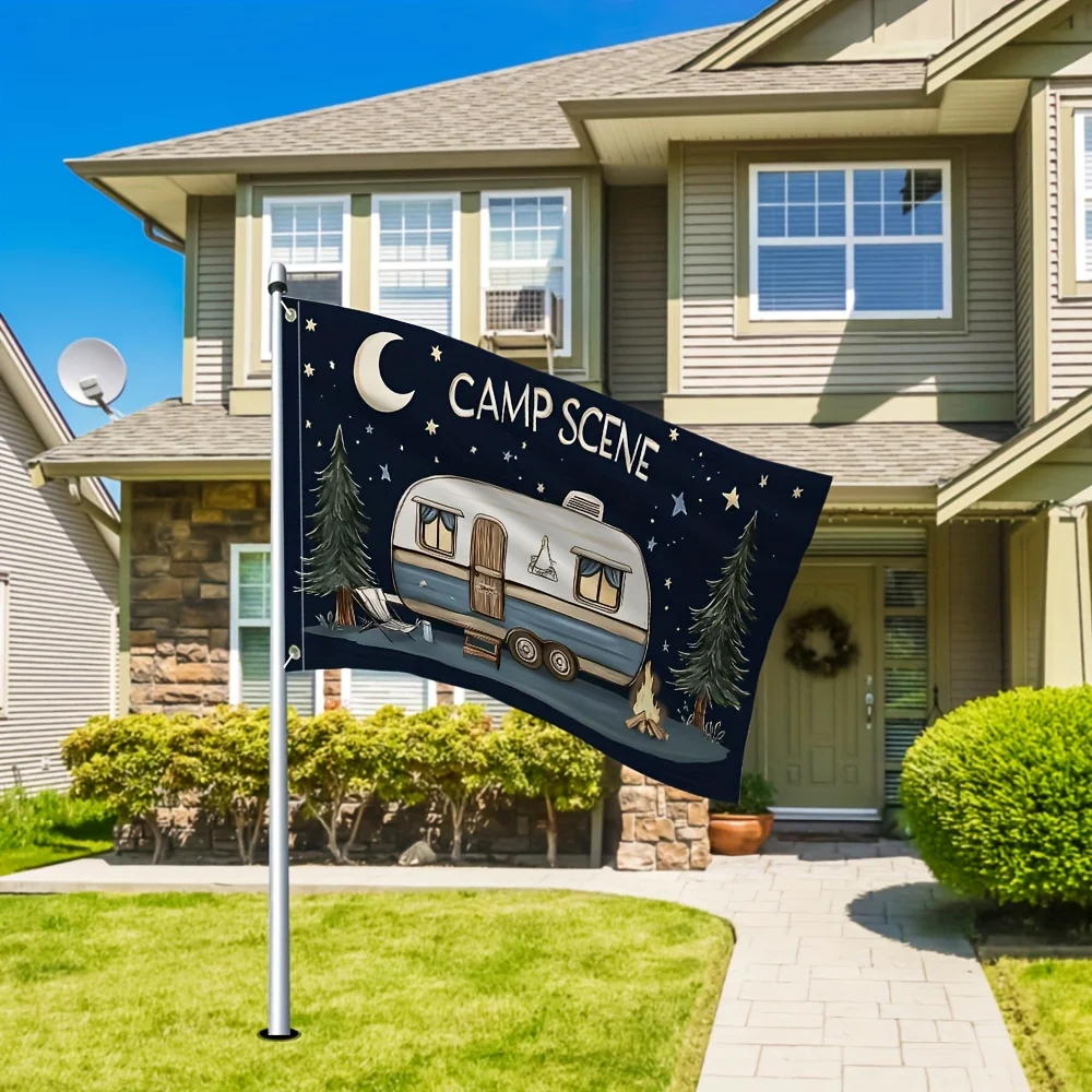 Starry Night Camper Flag Polyester Outdoor Yard Decoration with Campfire & Pine Trees Welcome Banner