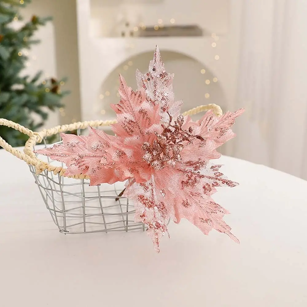 26 cm große Weihnachts-Glitzer-Weihnachtsstern-Blume, große Beflockung, simulierter Blumenkopf, Pailletten, realistische Weihnachtsbaumschmuck