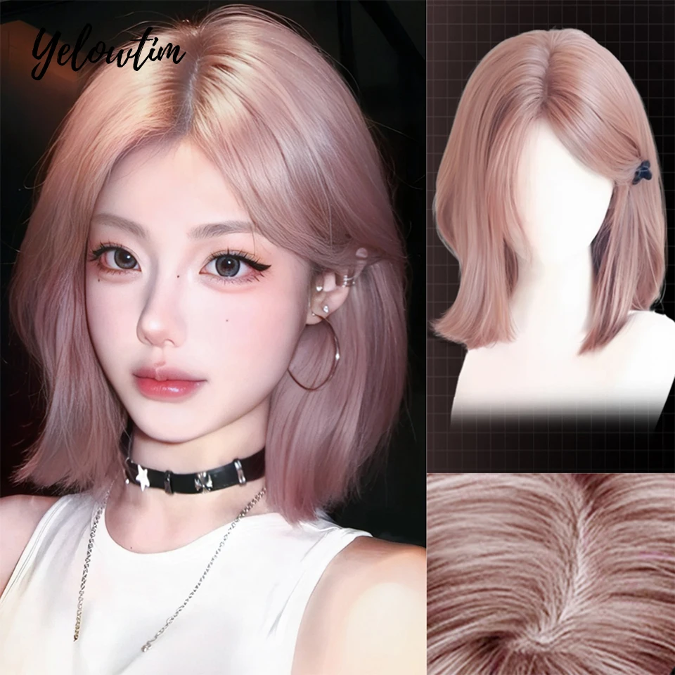 

Yelowtim Synthetic Wigs Pink Purple Ombre Short Straight Bob Wigs for Women Middle Part Lolita Cosplay Natural Hair Heat
