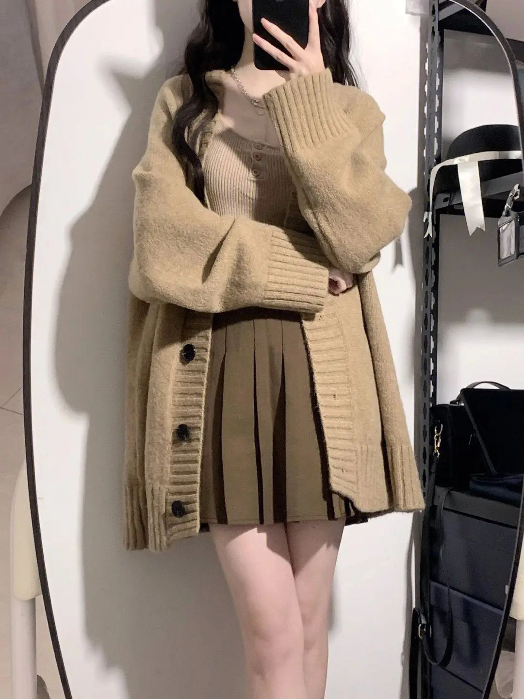 New Three-piece Set Solid Cardigan Knitted Sweater Vest & High Waist Pleated Skirt Set Fashion Casual Women Suit
