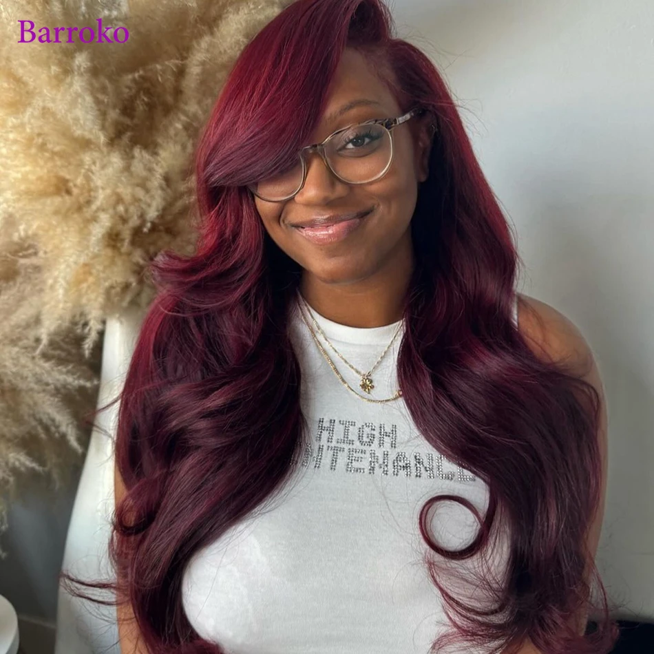 

Barroko 13x6 Transparent Lace Front Wig Virgin Human Hair 99J Burgundy Colored Body Wave Human Hair Wig Brazilian Hair For Women