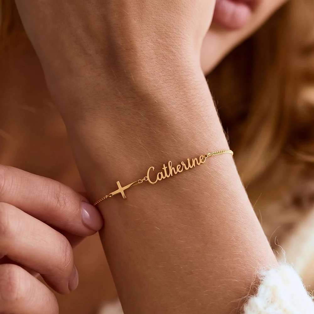 Personalized Name Cross Bracelet with Birthstone Dainty Tiny Gold Cross Bracelet Confirmation Gift Baptism Christmas Gift