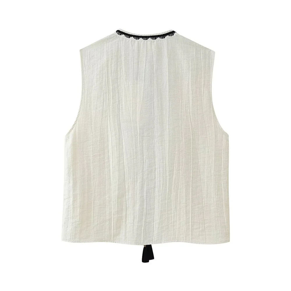 Su sui feminino decoração em torno do pescoço colete colete verão novo item contrastante bordado shorts casuais
