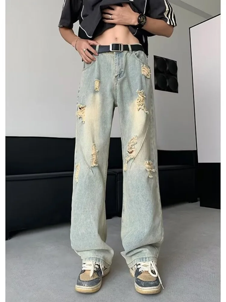 

Мужские летние тонкие джинсы прямого кроя, свободные широкие брюки с рваным дизайном, повседневные, в стиле High Street, синие джинсы из денима