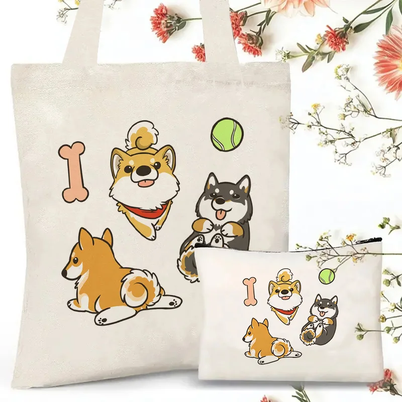 

Набор сумок: косметичка и большая повседневная сумка-тоут из холщовой ткани для женщин, в стиле шиба-ину, для колледжа, модные сумки через плечо