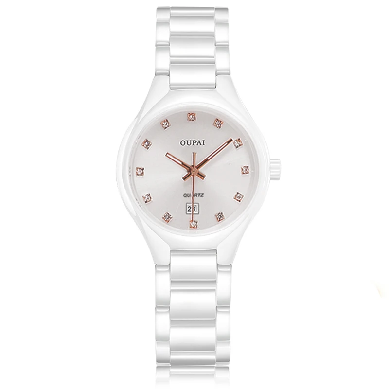 OUPAI Round Dial Watch Women\'s White Ceramic Water Diamond Luminous Small and Exquisite, Waterproof Calendar Fashion and Casual