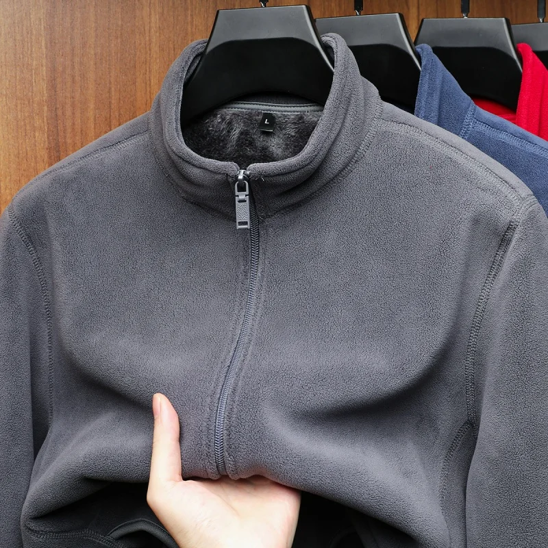 New Fashion Winter Men's Stand Collar Jacket Thick Plush Warm Pocket Solid Color Zipper Long Sleeved Top Comfort Men's Clothing