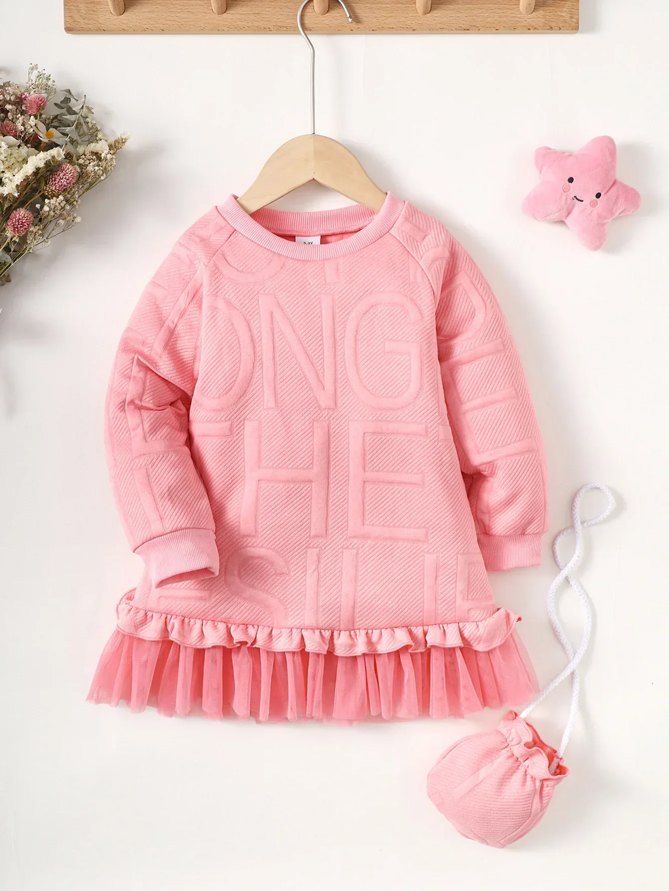 Children Girl Embossed Letter Winter Long Sleeve Dress Patchwork Mesh Princess Skirt Birthday Party Wear for Kid Girl 1-6 Years